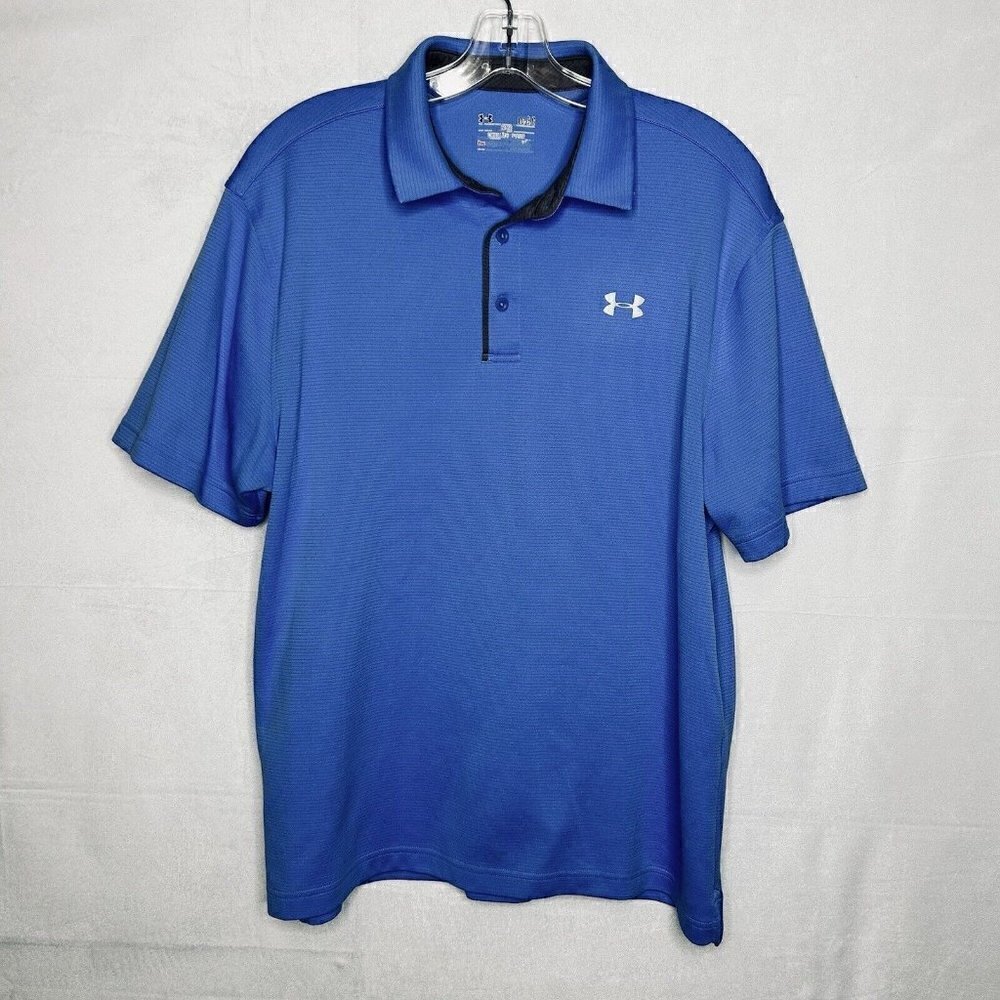 UNDER ARMOUR HEATGEAR LOOSE Polo Shirt Men's Sz L Blue Ribbed Striping